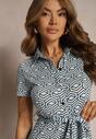 Rochie Cămașă Albastru-Alb cu Model Geometric cu Nasturi Xarrah