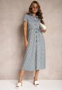 Rochie Cămașă Albastru-Alb cu Model Geometric cu Nasturi Xarrah
