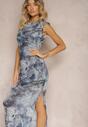 Rochie Albastră din Viscoză cu Croi Cambrat Ornată cu Fir Metalic Stanea