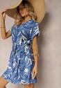 Rochie Albastră cu Croială Dreaptă și Curea din Material cu Imprimeu Floral Sevia