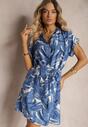 Rochie Albastră cu Croială Dreaptă și Curea din Material cu Imprimeu Floral Sevia