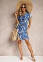 Rochie Albastră cu Croială Dreaptă și Curea din Material cu Imprimeu Floral Sevia
