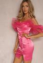 Rochie Fucsia Satinată cu Volane din Tul și Drapări pe Bretele Tinamell