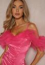 Rochie Fucsia Satinată cu Volane din Tul și Drapări pe Bretele Tinamell