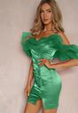 Rochie Satinată Verde cu Volane din Tul și Încrețire pe Bretele Tinamell