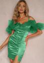 Rochie Satinată Verde cu Volane din Tul și Încrețire pe Bretele Tinamell