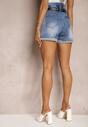 Niebieskie Szorty Jeansowe High Waist z Bawełną Ozdobione Paskiem Tinasima