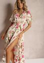 Rochie bej-roz cu cloș evazată cu volan și elastic în talie cu curea Iratia