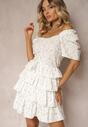 Rochie din Bumbac Cloș Albă cu Elastic în Talie cu Flori Mici Timariah