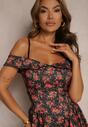 Rochie Neagră și Roșie cu Bretele Reglabile și Decolteu Tip Bardot cu Imprimeu Floral Risalemti