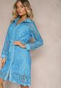 Rochie tip cămașă albastră mini din dantelă ajurată cu cordon Norila