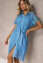 Rochie Cămașă Midi din Dantelă Albastră cu Curea Azariela