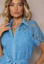 Rochie Cămașă Midi din Dantelă Albastră cu Curea Azariela