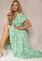 Rochie Verde Cloș cu Decolteu Triunghiular cu Curea din Material și Elastic în Talie Carimi