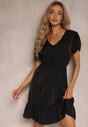 Rochie Neagră cu Elastic în Talie și Volane cu Croială Clopot Xelimia