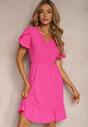 Rochie Fucsia cu Elastic în Talie și Volane cu Croială Cloș Xelimia