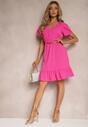 Rochie Fucsia cu Elastic în Talie și Volane cu Croială Cloș Xelimia