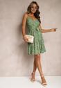 Rochie Verde cu Flori pe Bretele din Viscoză cu Elastic în Talie și Curea din Material Waronea