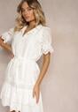Rochie Albă Boho din Bumbac Ornată cu Model Ajur Volan și Înnodată cu Curea Nelah