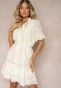 Rochie bej deschis Boho din bumbac cu model ajurat volan și curea Nelah