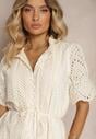 Rochie bej deschis Boho din bumbac cu model ajurat volan și curea Nelah