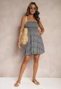 Rochie bleumarin-albă cloș cu bretele din bumbac cu flori cu legare la spate Nelsira