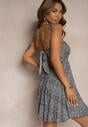 Rochie bleumarin-albă cloș cu bretele din bumbac cu flori cu legare la spate Nelsira