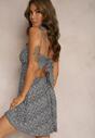 Rochie bleumarin-albă cloș cu bretele din bumbac cu flori cu legare la spate Nelsira