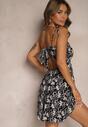 Rochie de bumbac alb-negru cu talie decorată cu șireturi la spate