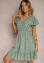 Rochie Verde din Bumbac cu Flori cu Elastic în Talie Decorată cu Volane Neliera