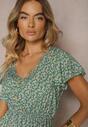 Rochie Verde din Bumbac cu Flori cu Elastic în Talie Decorată cu Volane Neliera