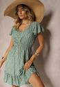 Rochie Verde din Bumbac cu Flori cu Elastic în Talie Decorată cu Volane Neliera