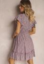 Rochie Bordo din Bumbac cu Flori cu Elastic în Talie Ornată cu Volane Neliera