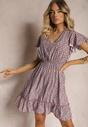 Rochie Bordo din Bumbac cu Flori cu Elastic în Talie Ornată cu Volane Neliera