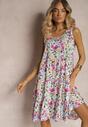 Rochie alb-roz cu bretele din bumbac cu imprimeu floral Haratia
