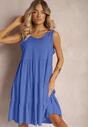 Rochie Albastră din Bumbac cu Croi Clos cu Volane Nelyana