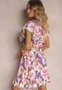 Rochie din Bumbac Clos cu Imprimeu Floral Albastru-Roz cu Volane la Umeri cu Elastic in Talie Nelova