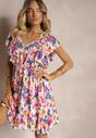Rochie din Bumbac Clos cu Imprimeu Floral Albastru-Roz cu Volane la Umeri cu Elastic in Talie Nelova