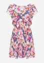 Niebiesko-Różowa Taliowana Bawełniana Sukienka w Kwiaty z Falbanami przy Ramionach z Gumką w Talii Nelova