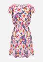 Niebiesko-Różowa Taliowana Bawełniana Sukienka w Kwiaty z Falbanami przy Ramionach z Gumką w Talii Nelova