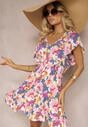 Rochie din Bumbac Clos cu Imprimeu Floral Albastru-Roz cu Volane la Umeri cu Elastic in Talie Nelova