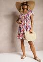Rochie din Bumbac Clos cu Imprimeu Floral Albastru-Roz cu Volane la Umeri cu Elastic in Talie Nelova