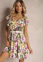 Rochie Verde-Roz Talia Imperiu Bumbac Flori Volane Umeri Elastic Talie Nelova