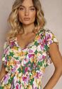 Rochie Verde-Roz Talia Imperiu Bumbac Flori Volane Umeri Elastic Talie Nelova