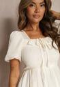 Rochie Cocktail Bej Cu Talia Marcată din Bumbac cu Mâneci Bufante Glosea