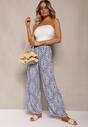 Niebieskie Boho Spodnie z Wiskozy High Waist z Szerokimi Nogawkami i Gumką w Pasie Walnena