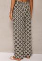 Czarno-Beżowe Szerokie Spodnie z Wiskozy High Waist w Geometryczny Wzór z Gumką w Talii Rivanorie