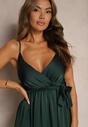 Ciemnozielona Wieczorowa Sukienka na Ramiączkach z Rozcięciem Wiązana w Pasie Bradea