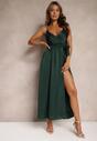 Ciemnozielona Wieczorowa Sukienka na Ramiączkach z Rozcięciem Wiązana w Pasie Bradea