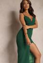 Zielona Dopasowana Sukienka Midi na Regulowanych Ramiączkach z Głębokim Dekoltem Zosfia